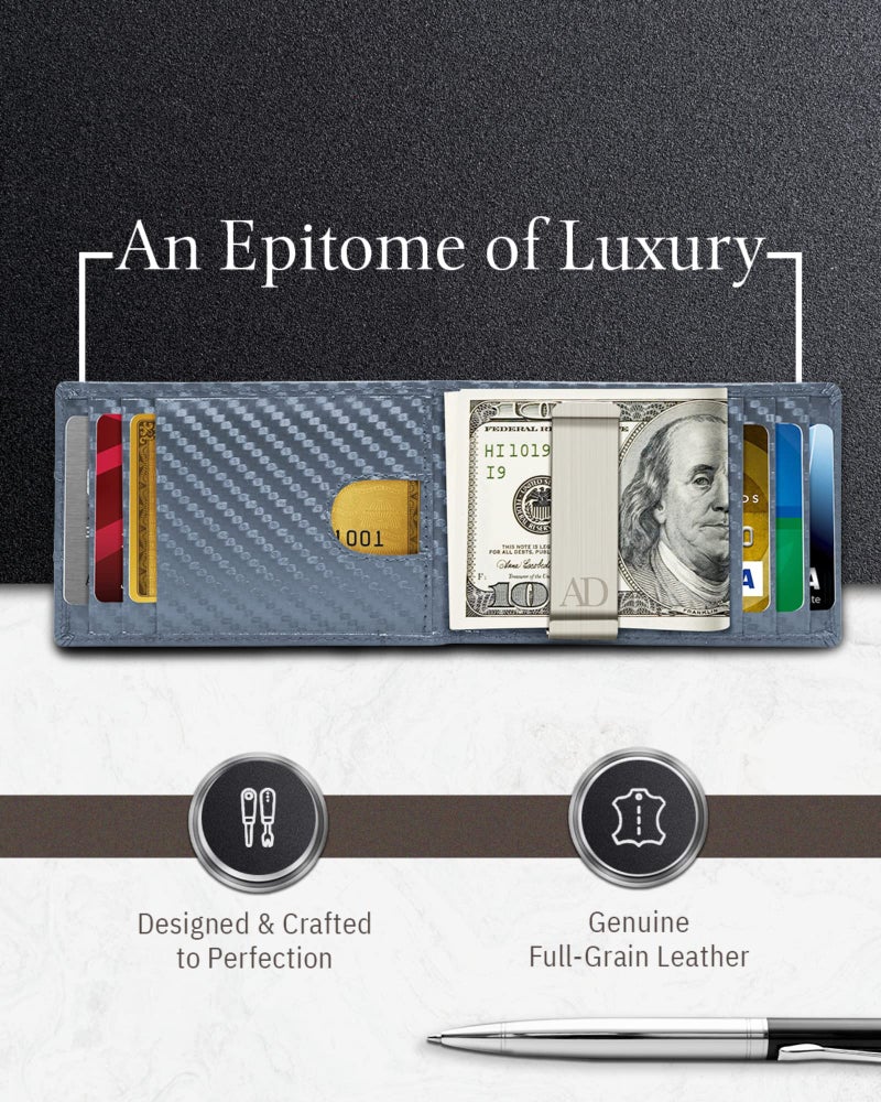 Access Denied Leather Carbon Fiber Wallets For Men - Navy Blue Money Clip Bifold Mens Wallet RFID Front Pocket Thin Credit Card Holder - Gifts For Men - Image 2
